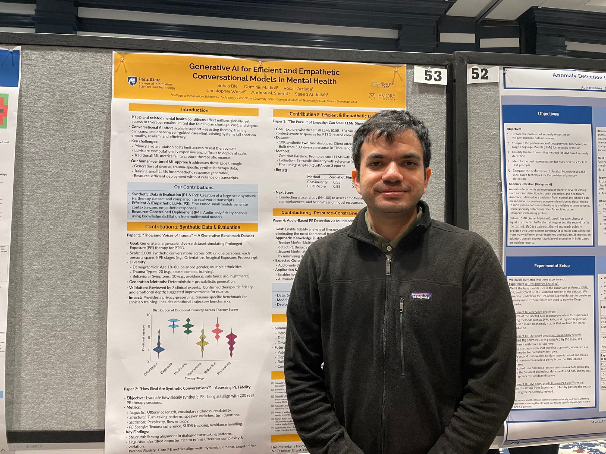 Suhas Bettapalli Nagaraj, fourth-year doctoral student, stands in front of his poster at the AI Week Poster Session.