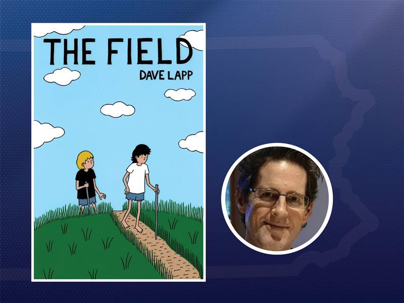 Dave Lapp's "The Field," cover art on the left, inset of author headshot on right, a smiling male face wearing glasses