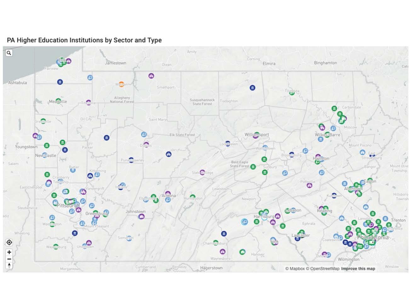 image of an interactive, online map of Pennsylvania’s higher education institutions