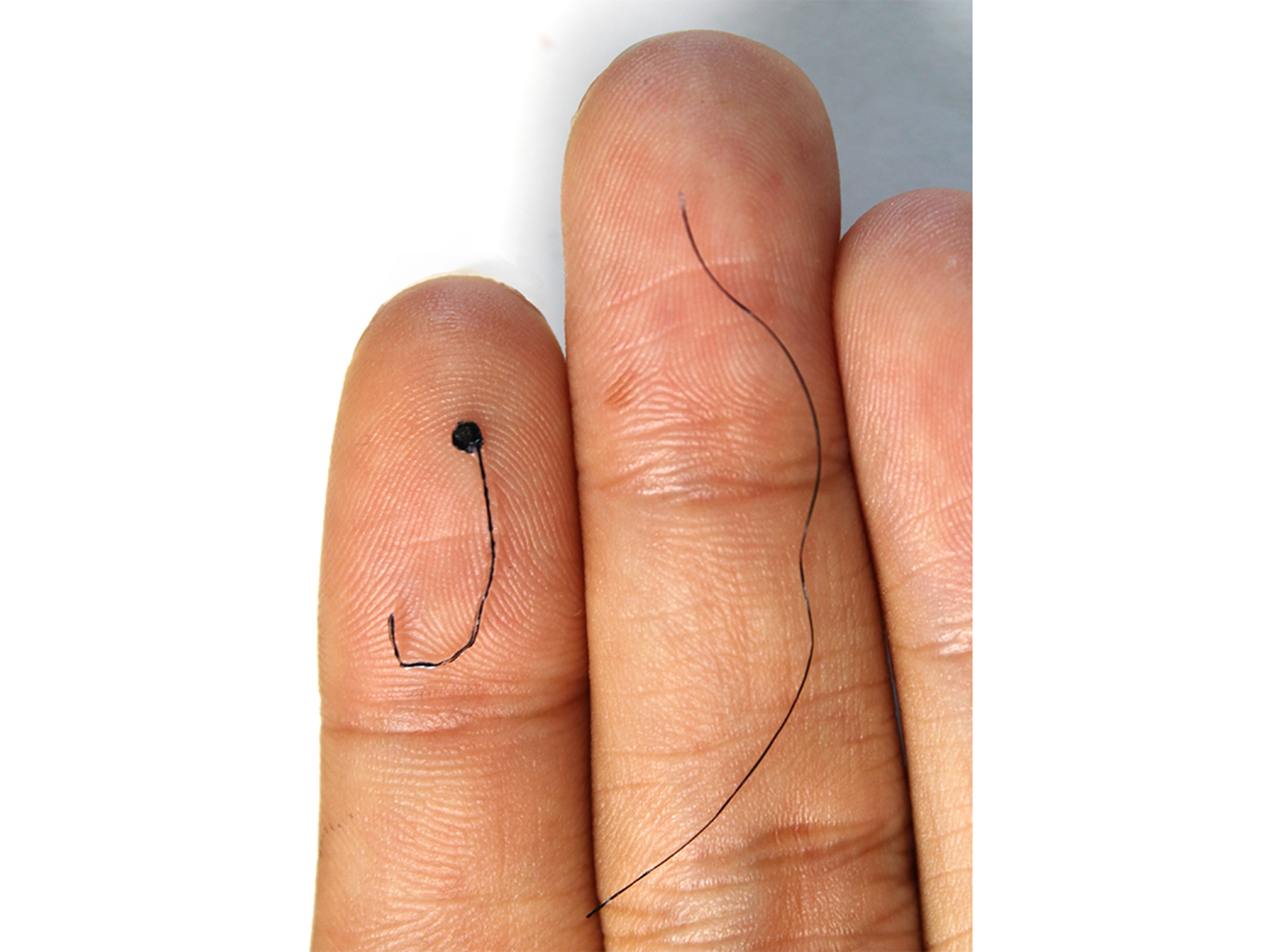 Hairlike EEG electrode next to a strand of hair