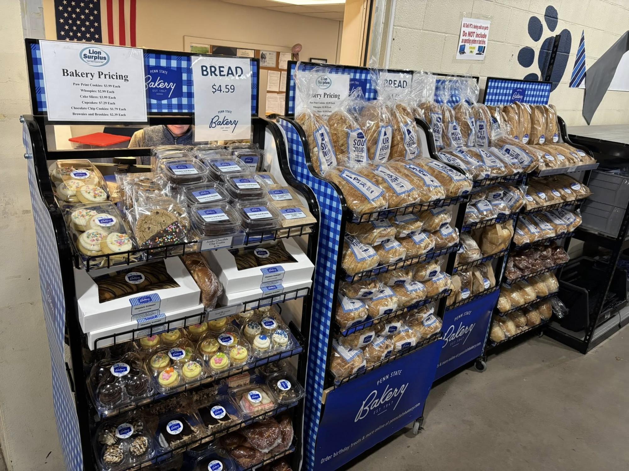 A row of baked goods on shelves