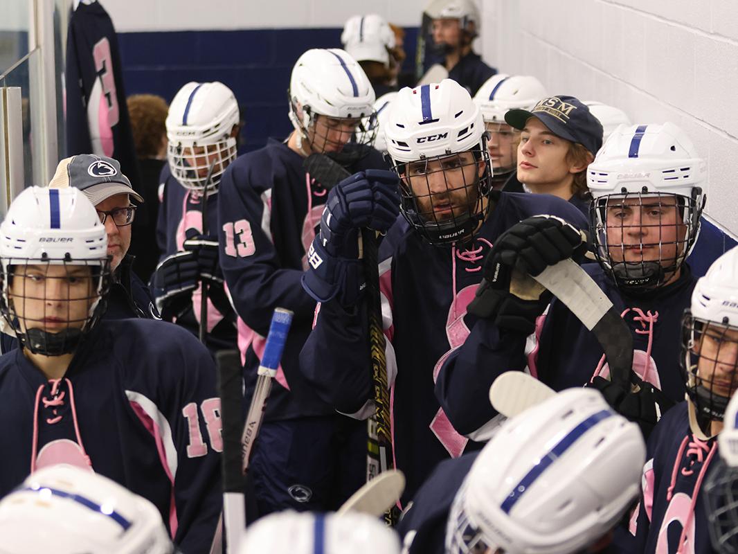 The team ready to take the ice for a home game against Robert Morris University
