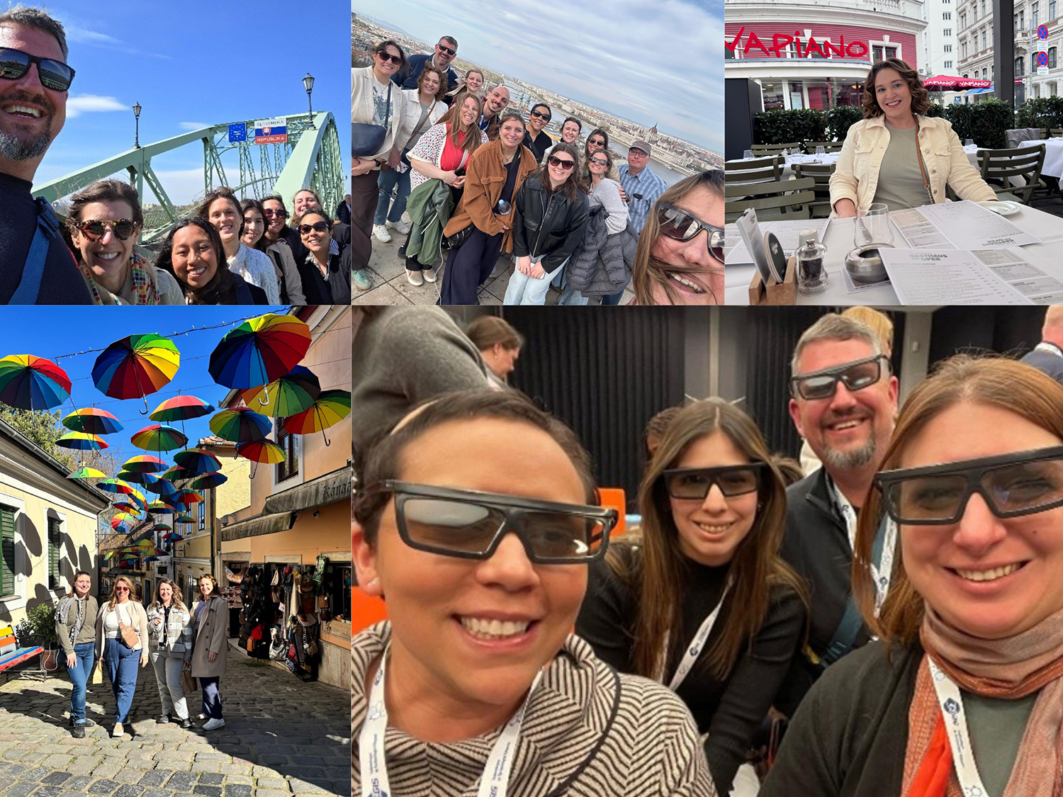 A collage of five photos of people exploring historical and cultural sites.