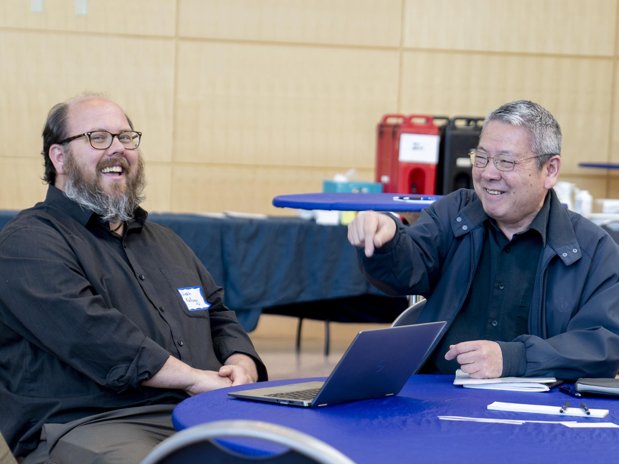 Teh-hui Kao, distinguished professor of Biochemistry and Molecular Biology and chair of the Plant Biology grad program, shares a laugh with Assistant Professor of Veterinary and Biomedical Sciences Joshua Kellogg at the 2023 Life Sciences Symposium on May 26, 2023