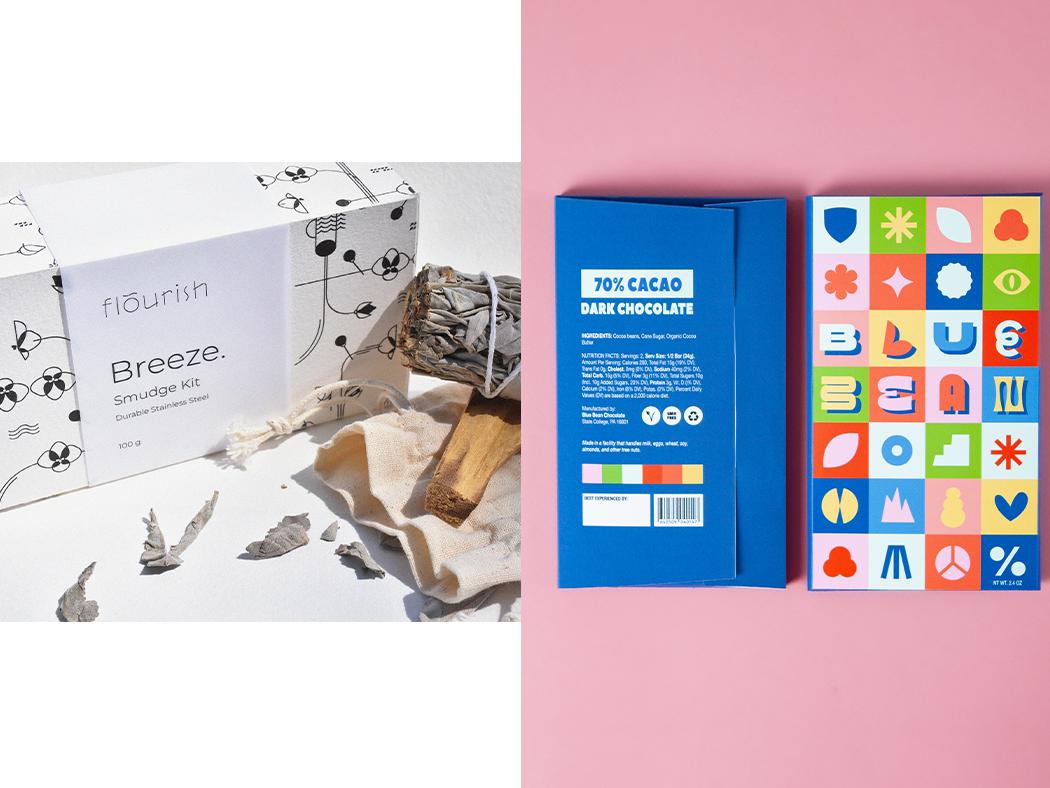A split-screen image of two projects: the packaging of Flourish brand at left and the packaging for Blue Bean dark chocolate bar at right.