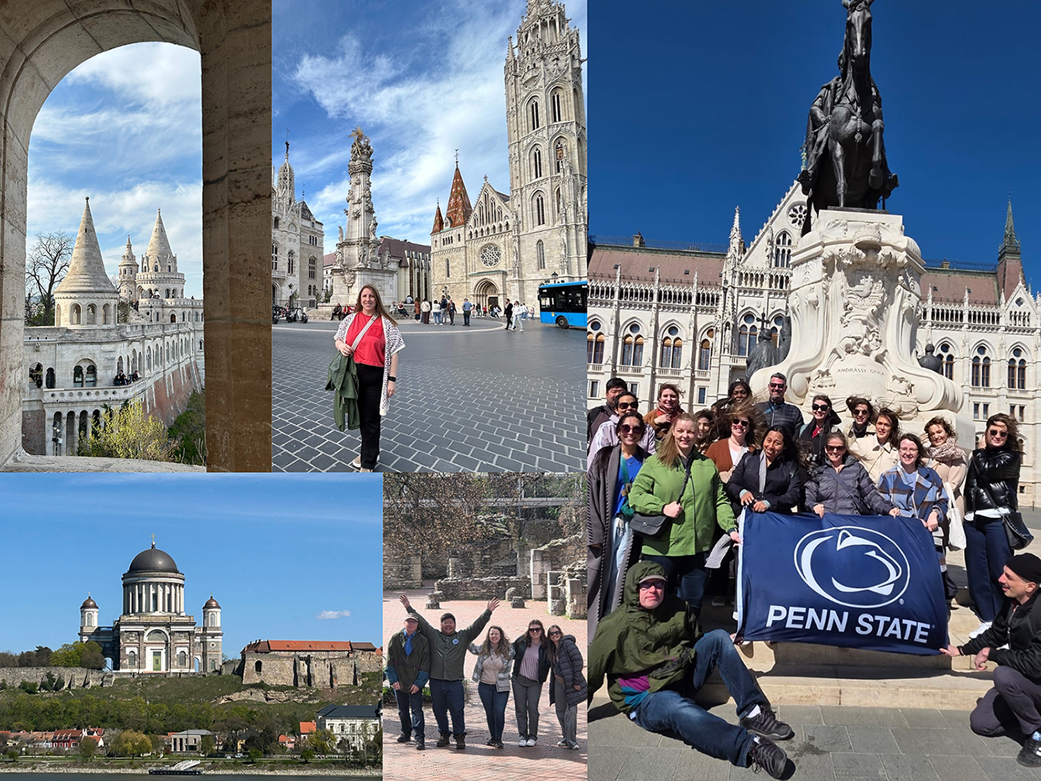 A collage of six photos including people posing outside of historical sites with a blue Penn State flag.