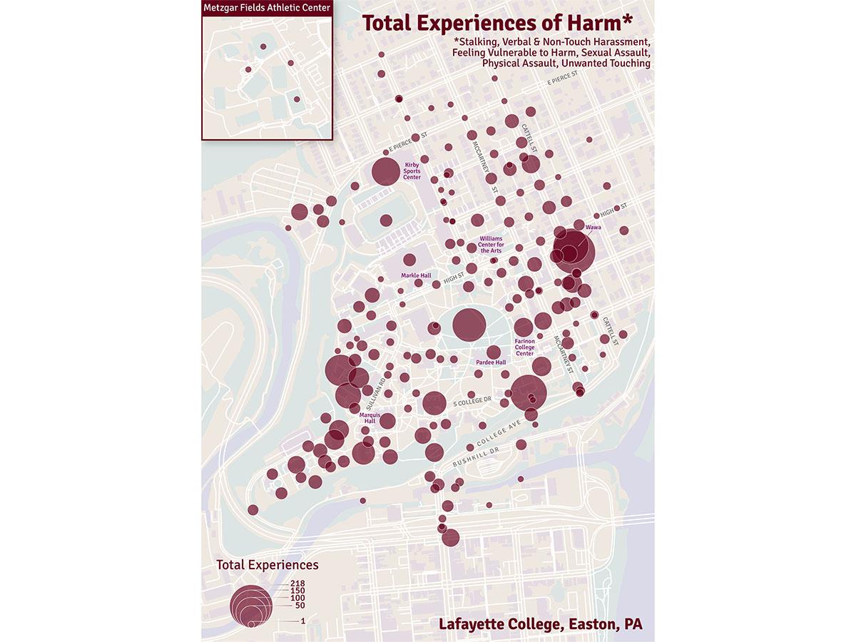 Map of Lafayette College displaying total experiences of gender-based violence, with symbols indicating areas of reported harm.