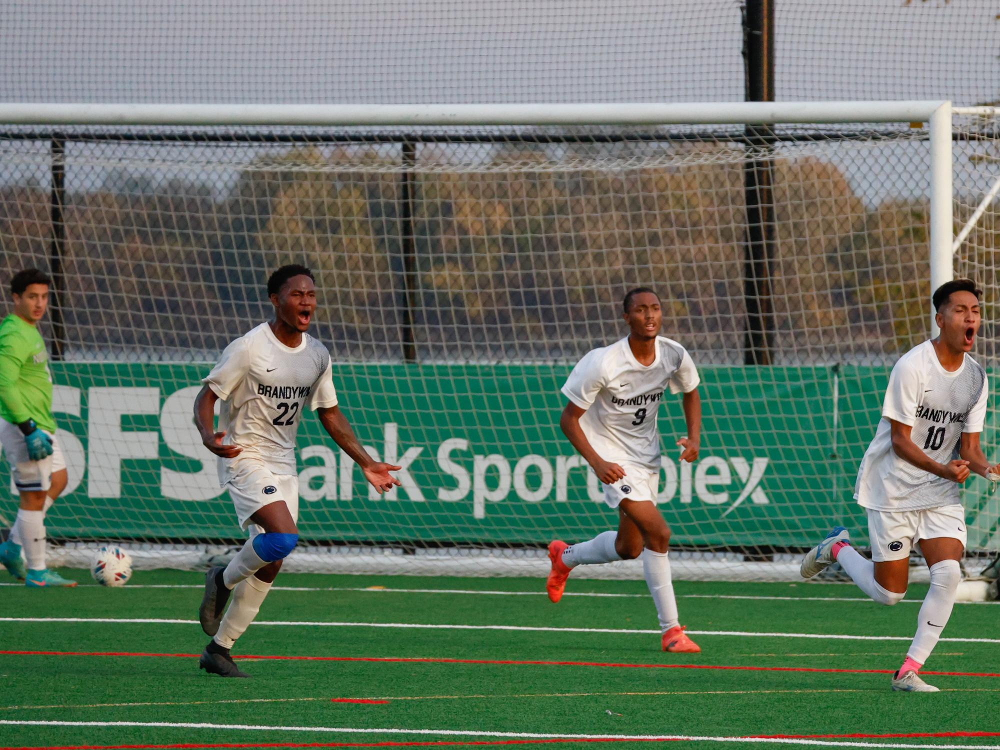 Several men's soccer players celebrate after scoring a goal.