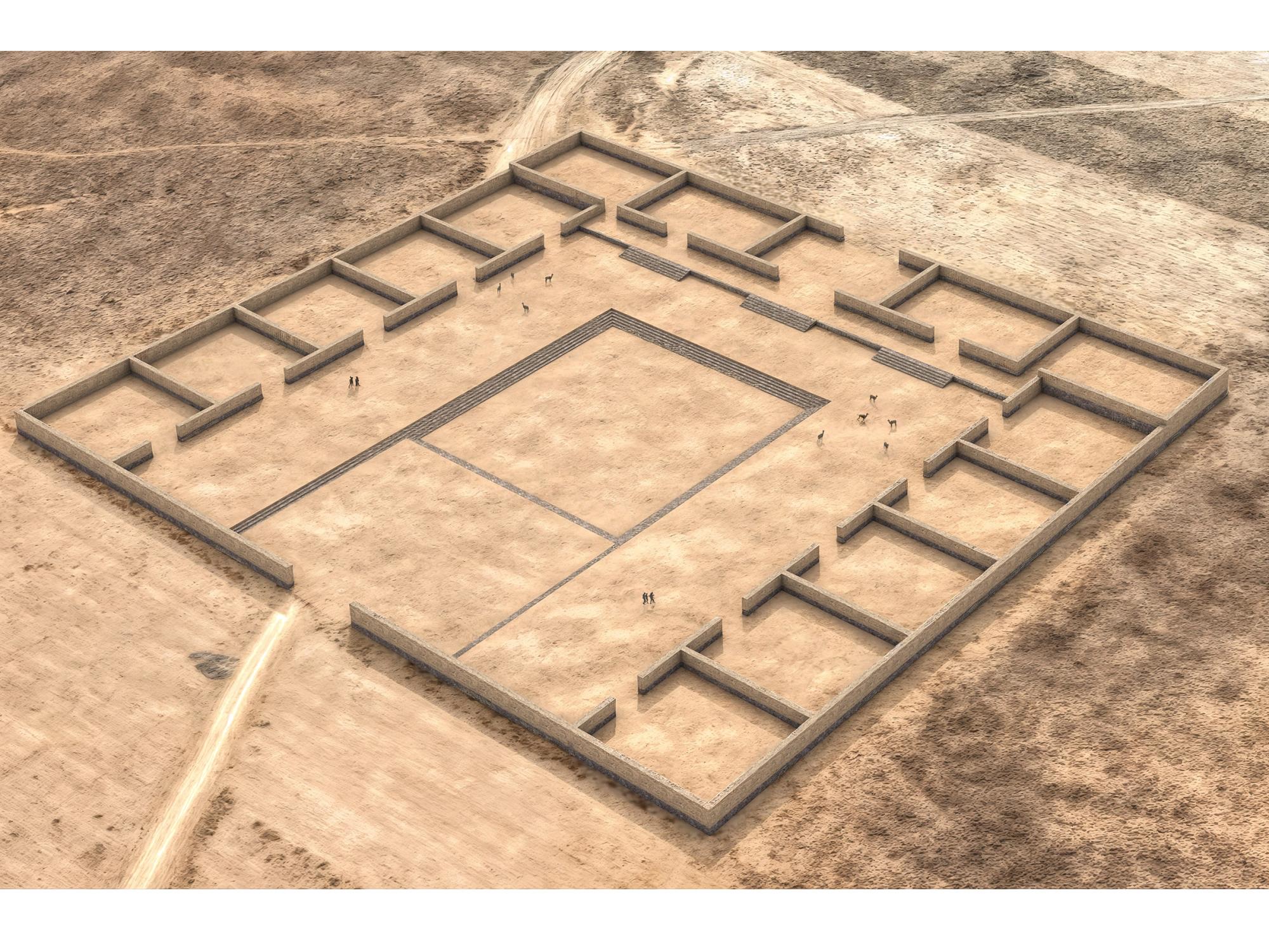 A digital reconstruction of a temple over a photo of a landscape
