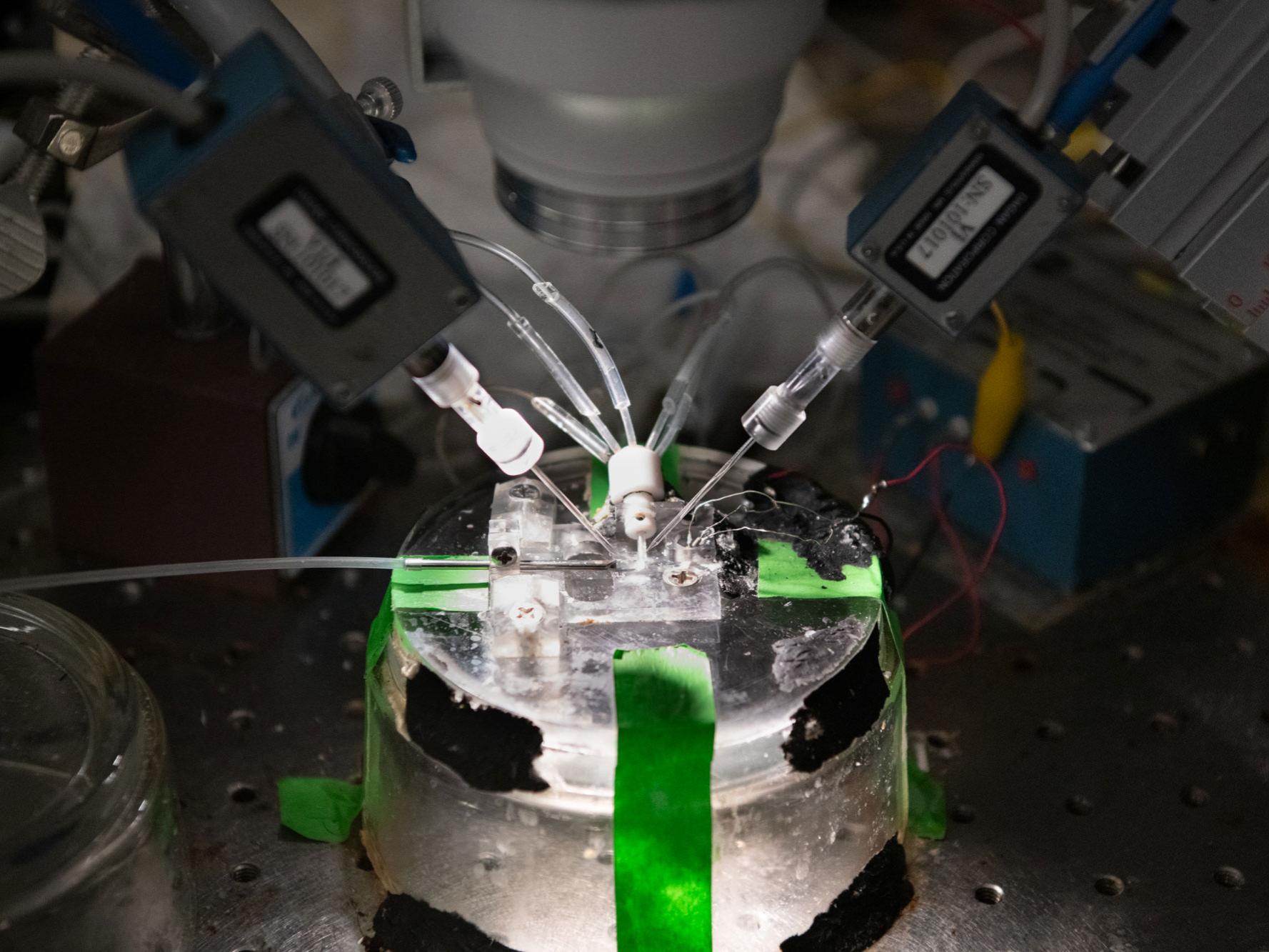 close up view of microscope and manipulating arms