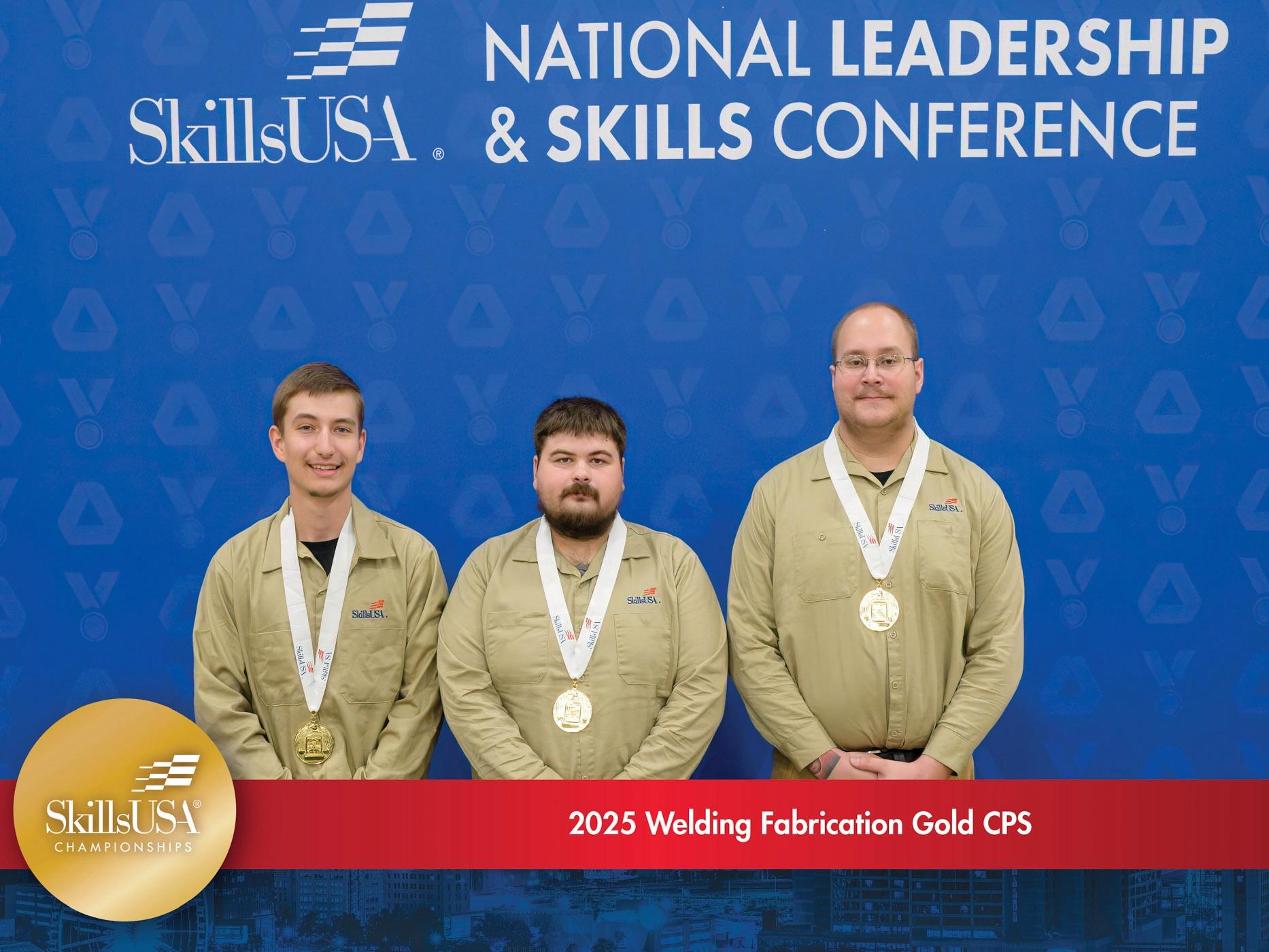 Three students stand while wearing gold medals around their necks. Behind them is a blue background with the SillsUSA logo and the words "National Leadership & Skills Conference." Below them is a red banner that reads "2025 Welding Fabrication Gold CPS."