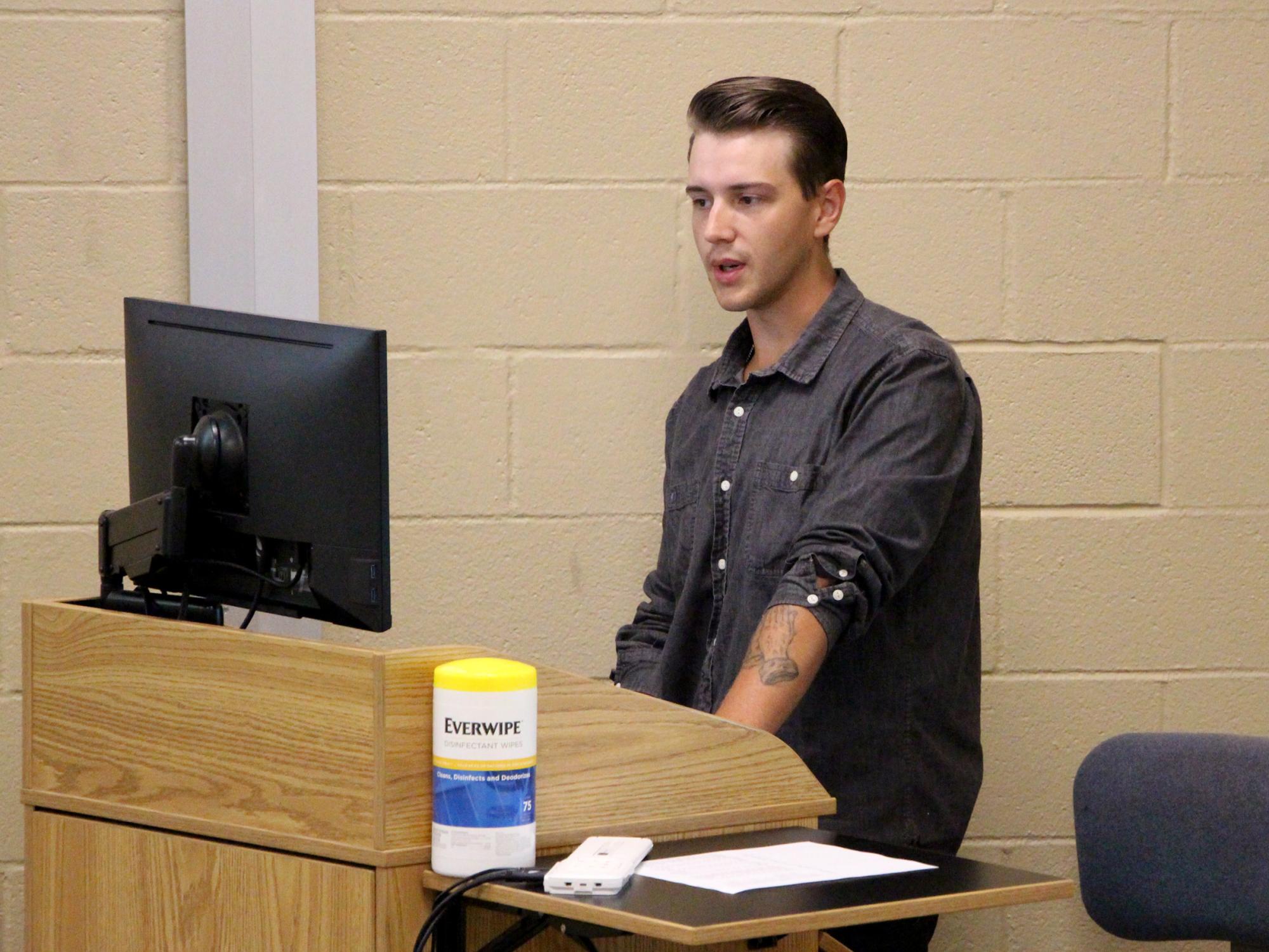 Student Zayne Knight presents information about his internship with the Brookville Area Chamber of Commerce during internship presentations at Penn State DuBois.