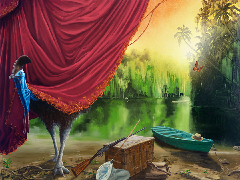 Painting of a cassowary emerging from behind a red curtain and riverside scene