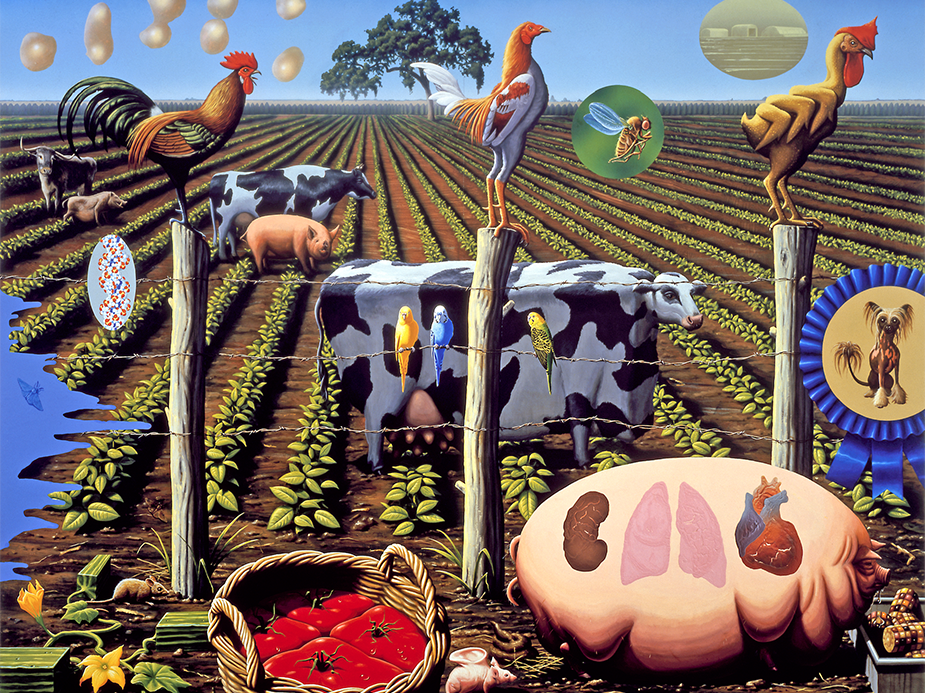 Surreal painting of farm animals in a field