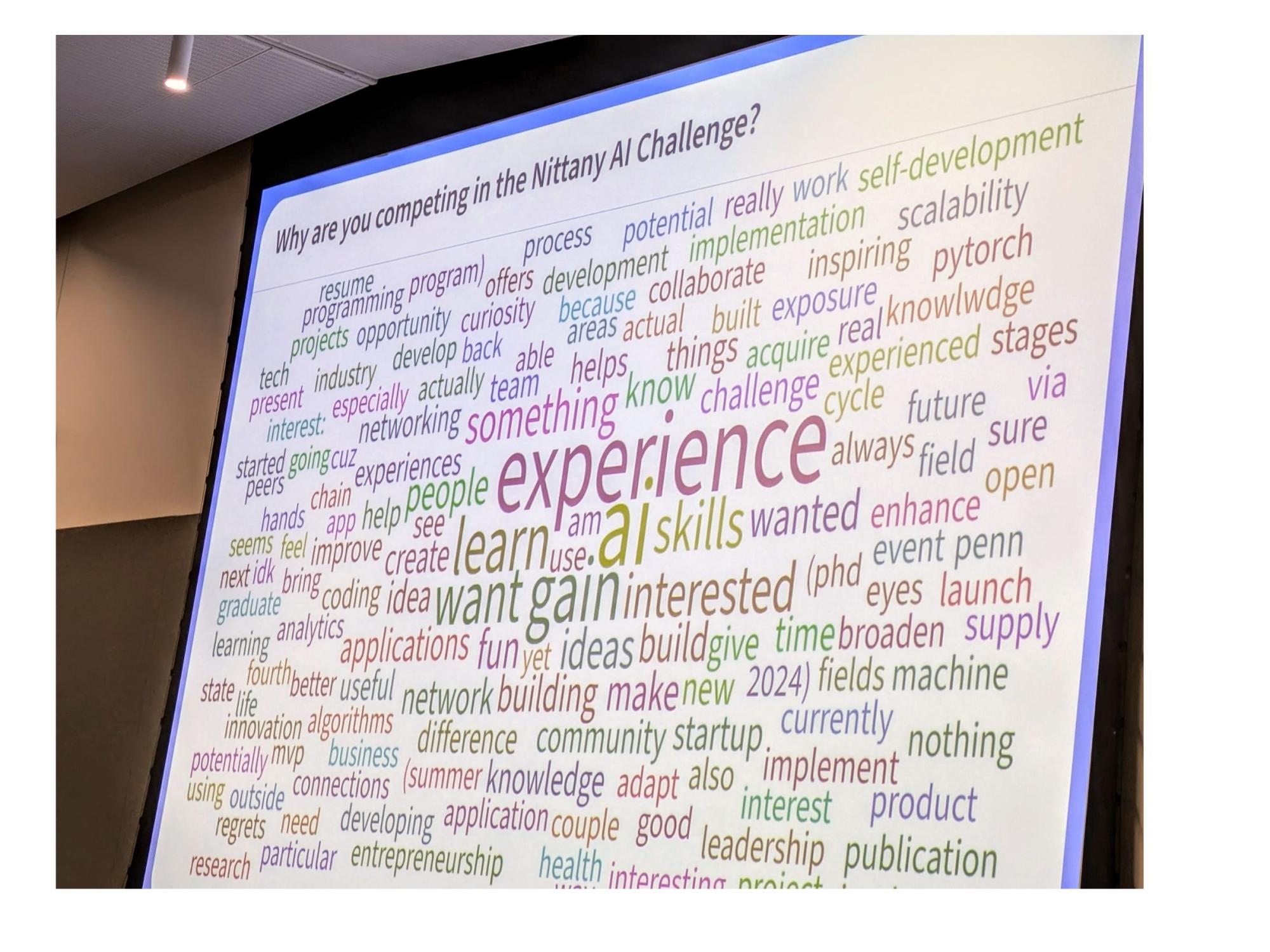 slide of answers to why are you competing in the nittany ai challenge