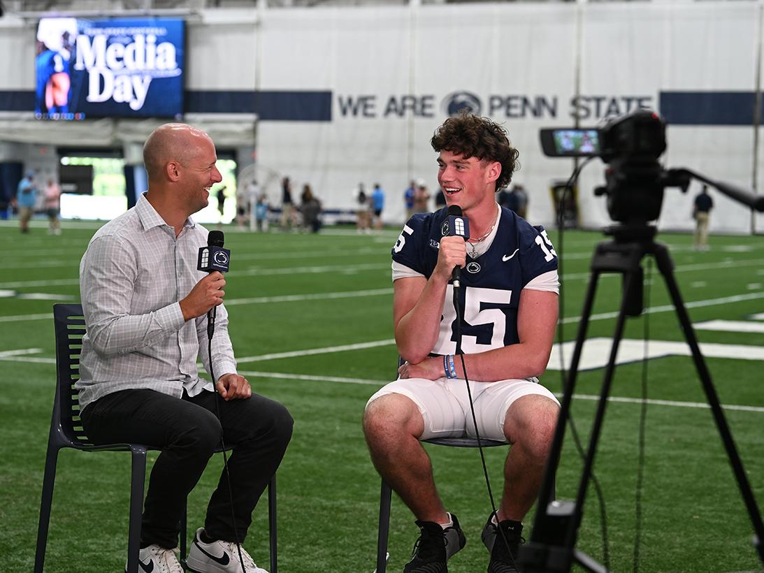 Quarterback Drew Allar does a one-on-one camera interview