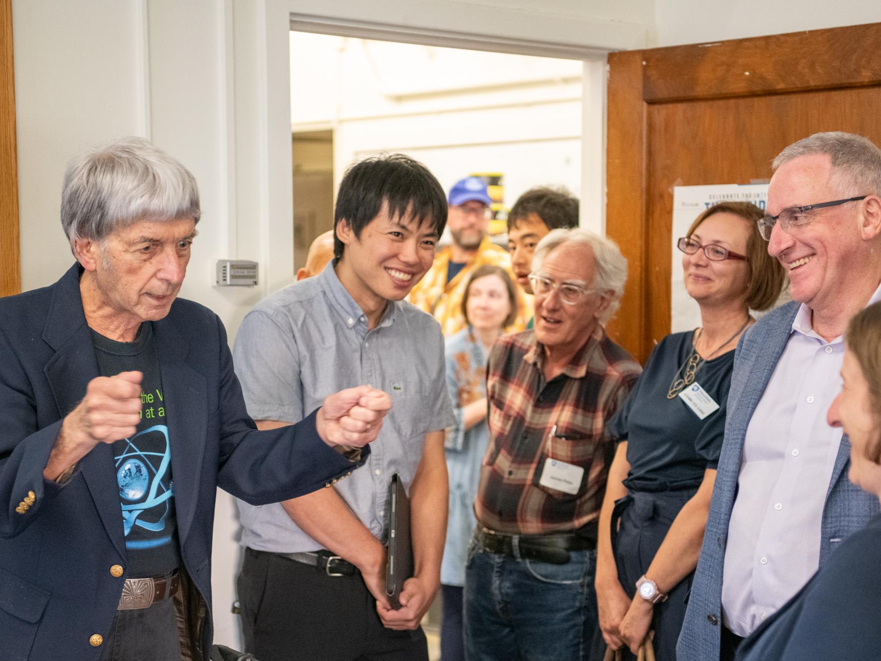 John Panitz (at left) spoke during the inaugural tour of an exhibition of Erwin Müller's historic equipment, at the college's “Celebrating Penn State’s Milestones in Physics” event on Sept. 5.