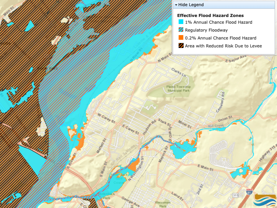 Online flood tool shows map of Forty Fort area with flooding prone areas.