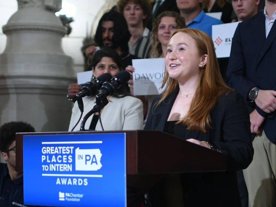 Miranda Nace, a Penn State student, speaks on the Capitol steps during Intern Day