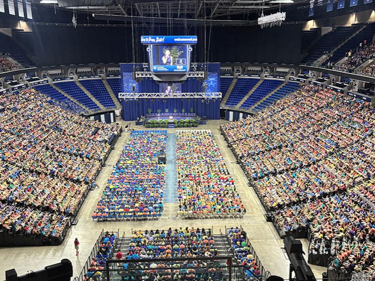 Students in attendance at the 2025 New Student Convocation on Aug. 23 at the Bryce Jordan Center.