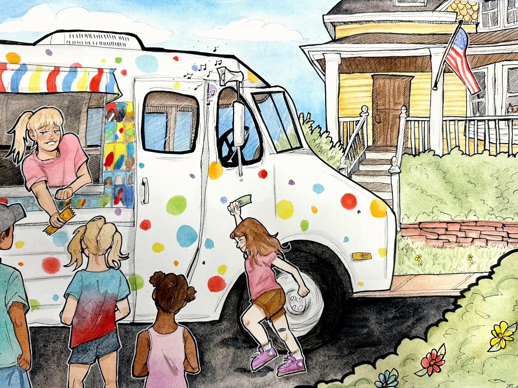 A colorful drawing showing children lining up for an ice cream truck