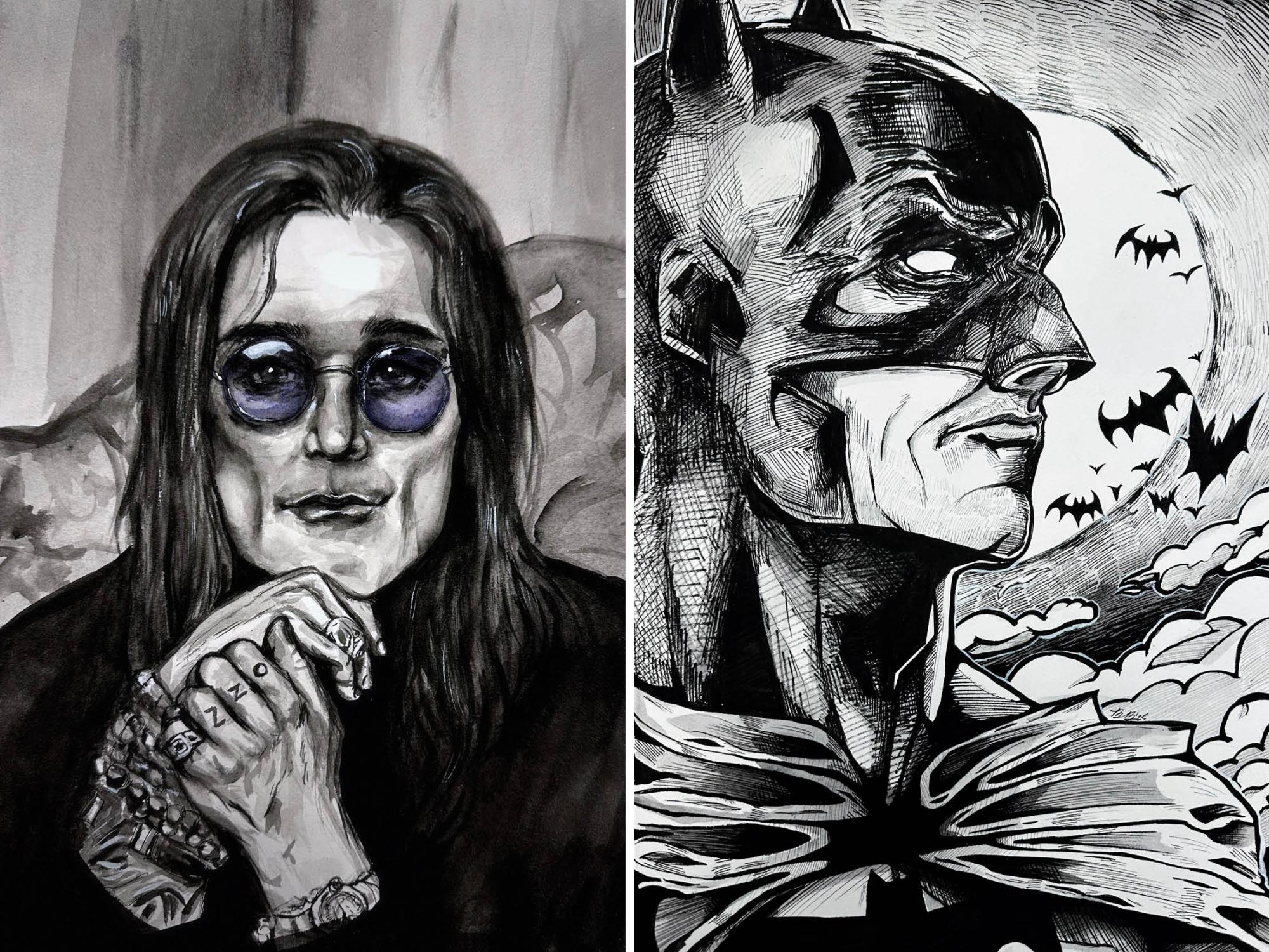 Two pieces of artwork side by side: A portrait of Ozzy Osbourne and a drawing of Batman