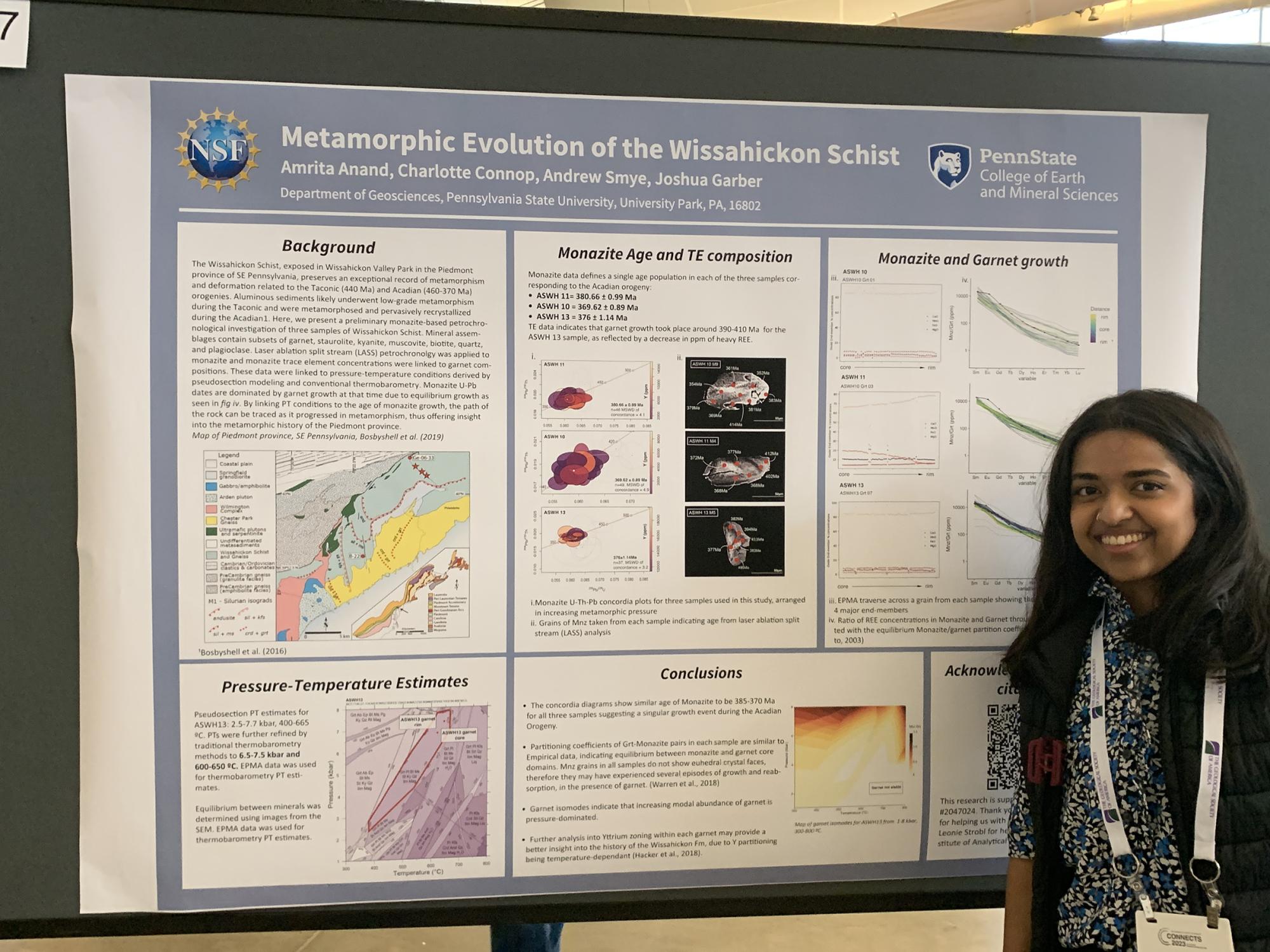 student researcher stands next to poster 