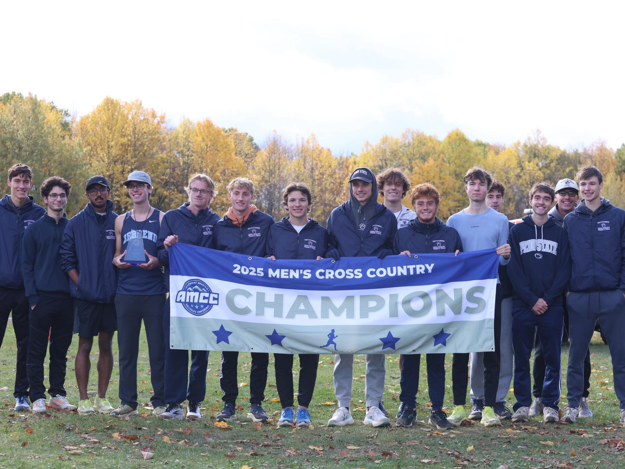 The Penn State Behrend men's cross country team poses with the AMCC championship banner.
