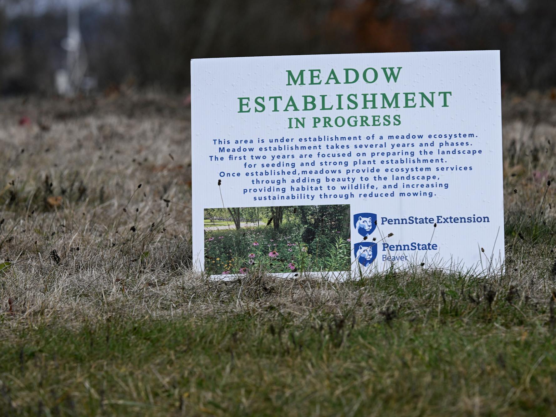 A yard sign says Meadow Establishment in Progress