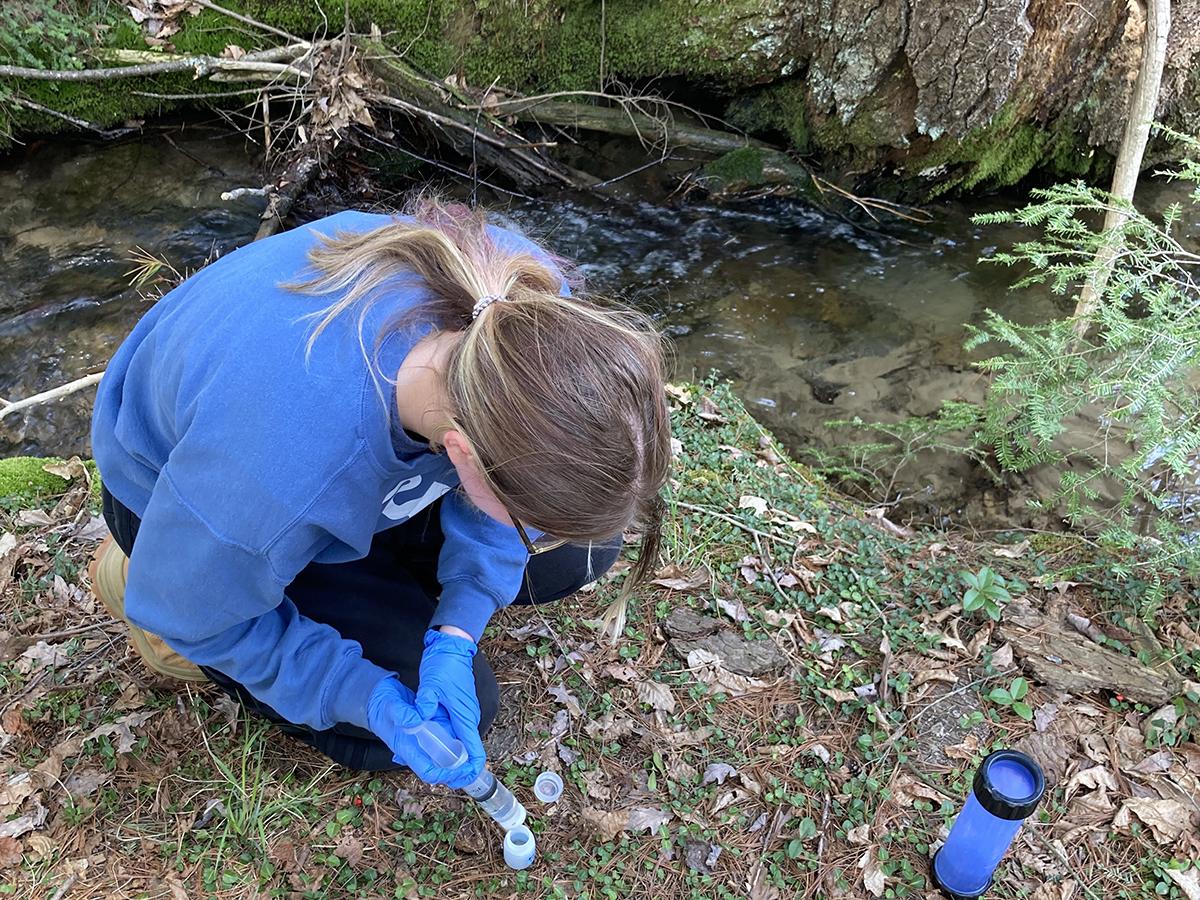 A person stoops down and takes samples along a creek bank. 