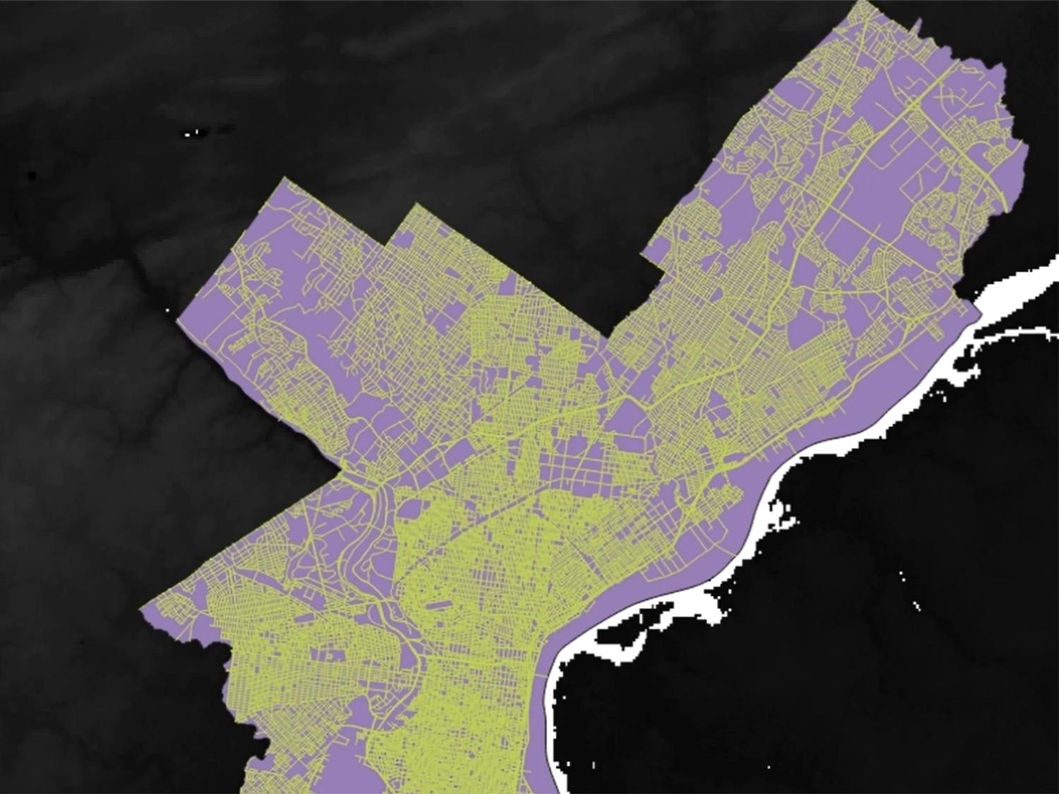 A screenshot of a geographic information system application showing the city boundary of Philadelphia and its elevation profile. 