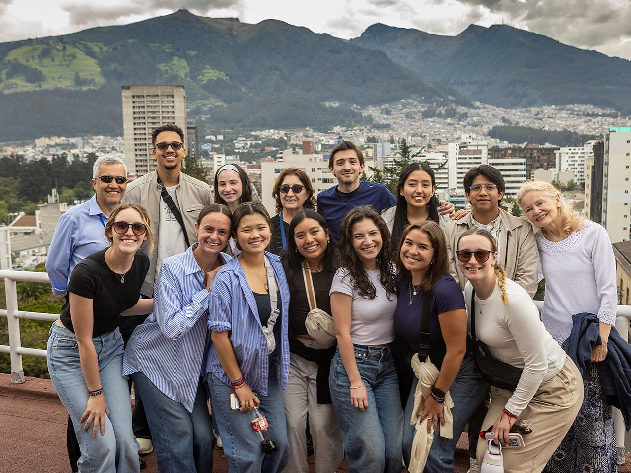 Members of the Global Health Minor trip to Ecuador in front of the city of Quito. 