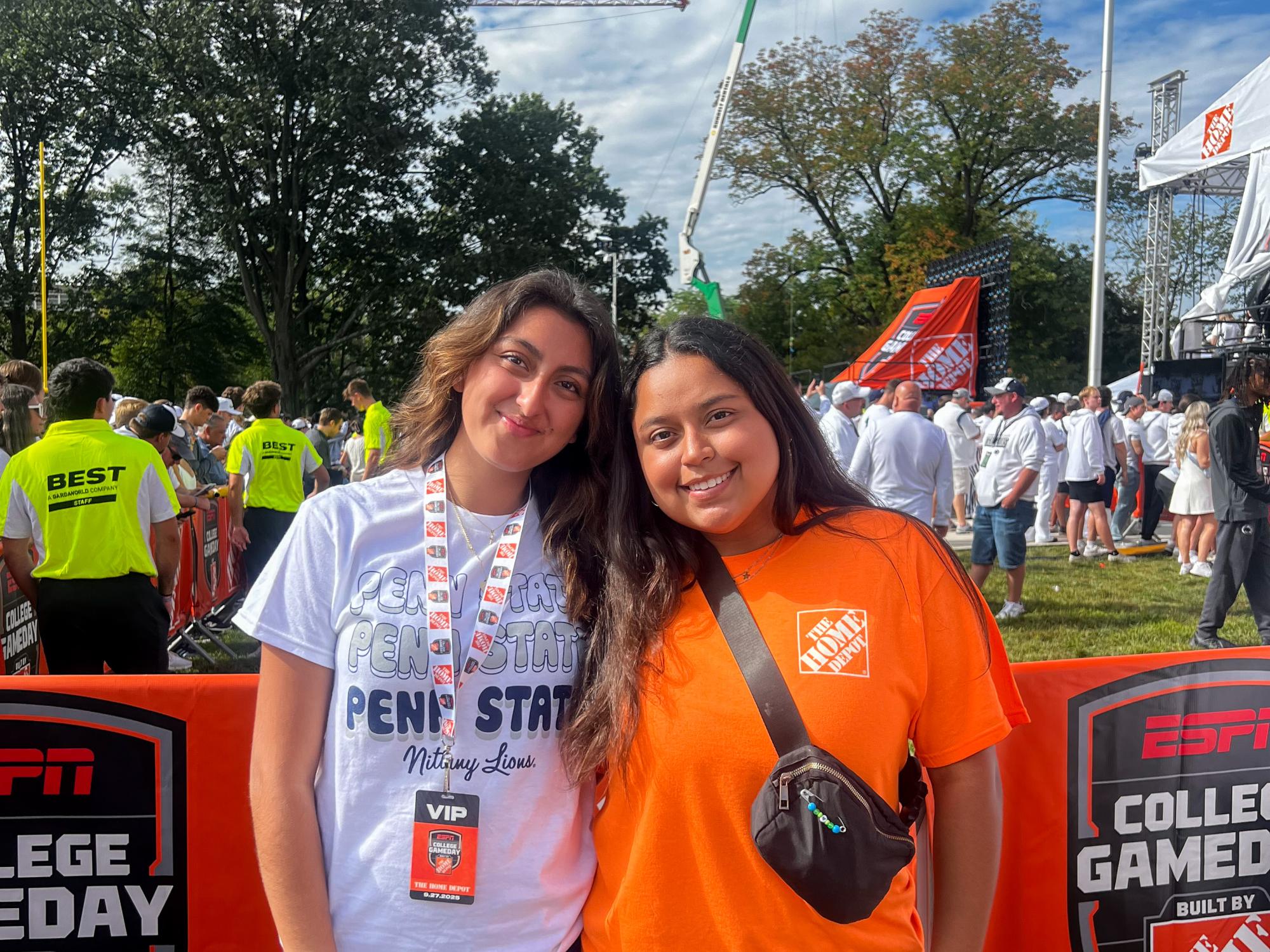 Delany Moreno (left) with a friend at ESPN College GameDay on Old Main lawn earlier this fall.