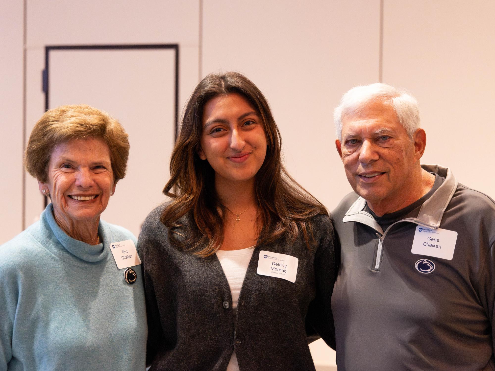 Delany Moreno (middle) with Roz (left) and Gene (right) Chaiken at the Chaiken Scholars Celebration in November 2025.