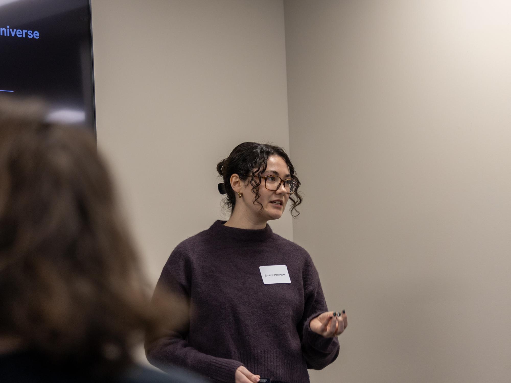Emilie Burnham presenting during the Eberly Research Showcase.
