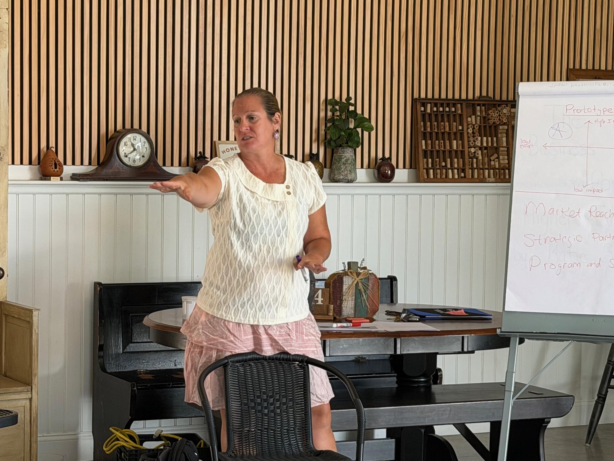 Stephanie Gresh gesturing forward while giving a presentation