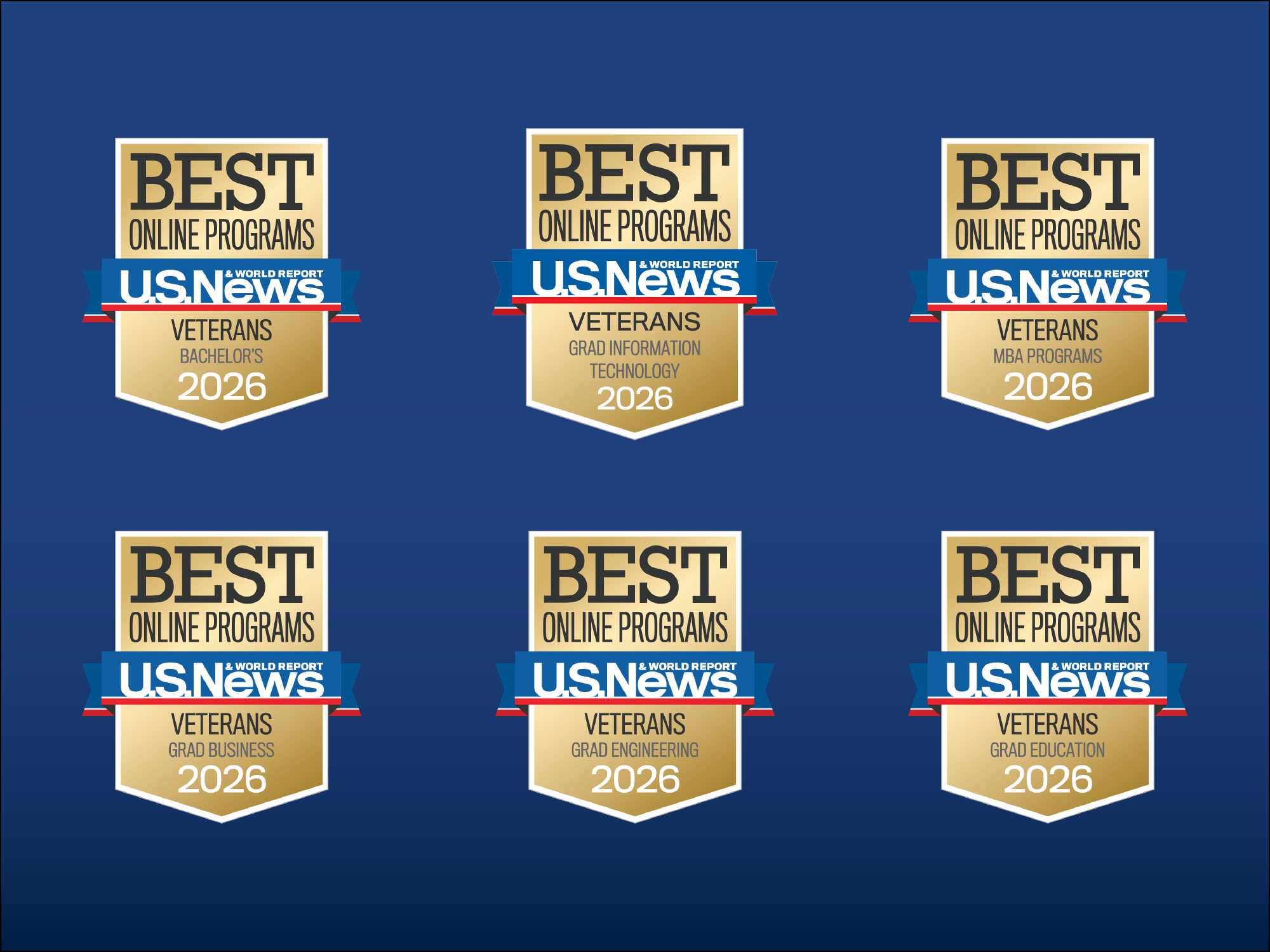Six US News & World Report digital badges on a dark blue background.