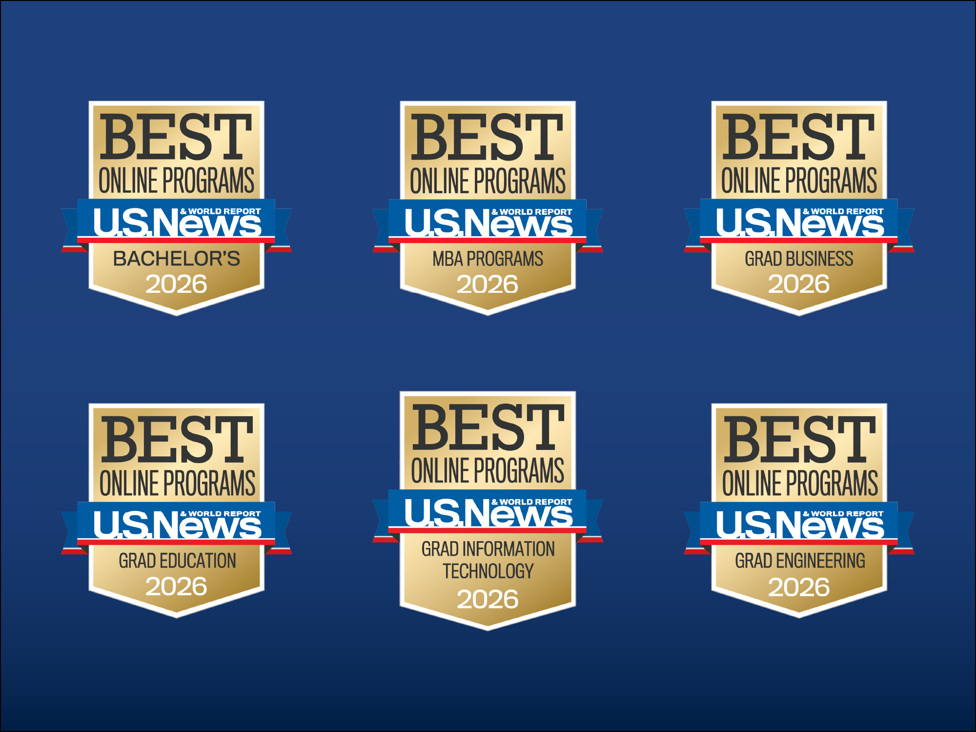 Six US News & World Report digital badges on a dark blue background.