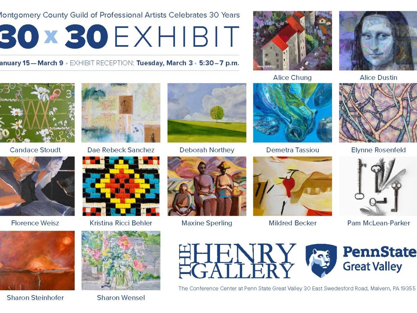 A collage of 14 works by members of the Montgomery County Guild of Professional Artists