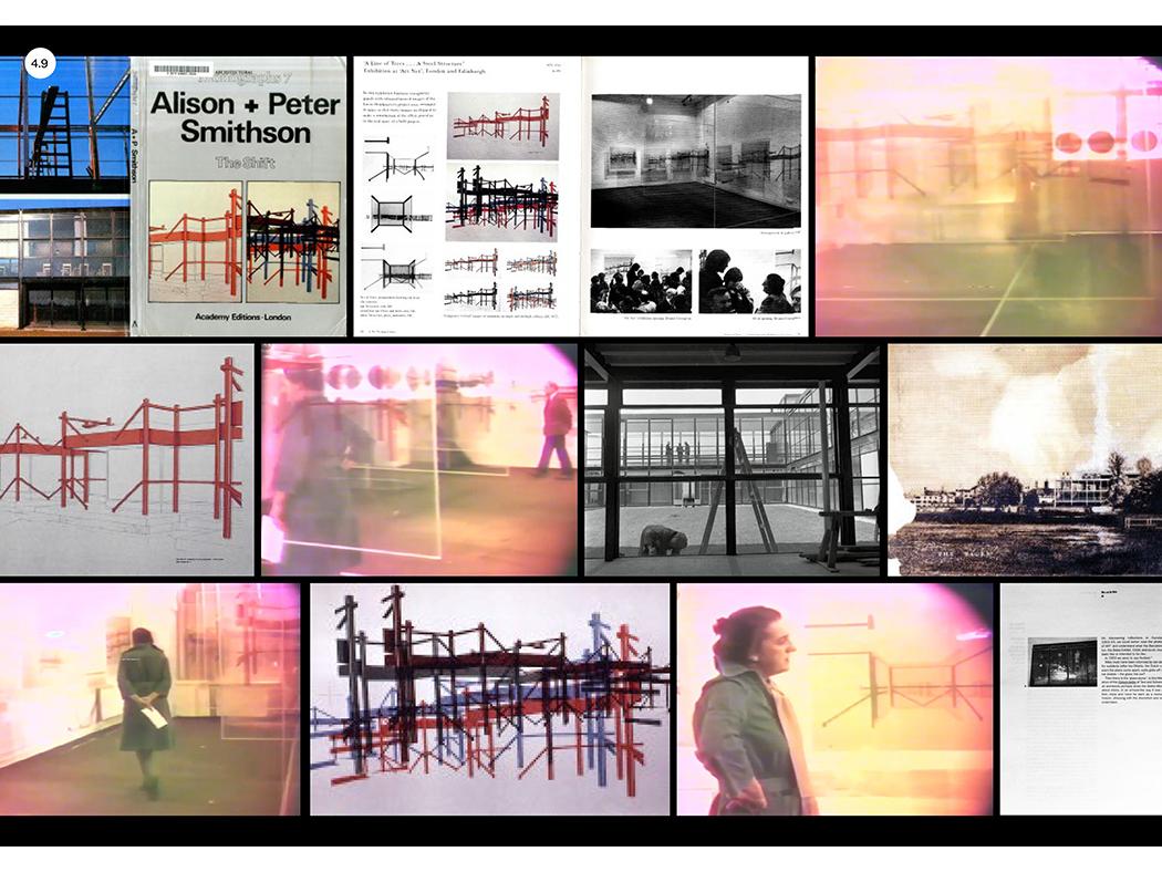 A collage of images featuring architectural drawings, exhibition photographs, and book pages related to Alison and Peter Smithson.