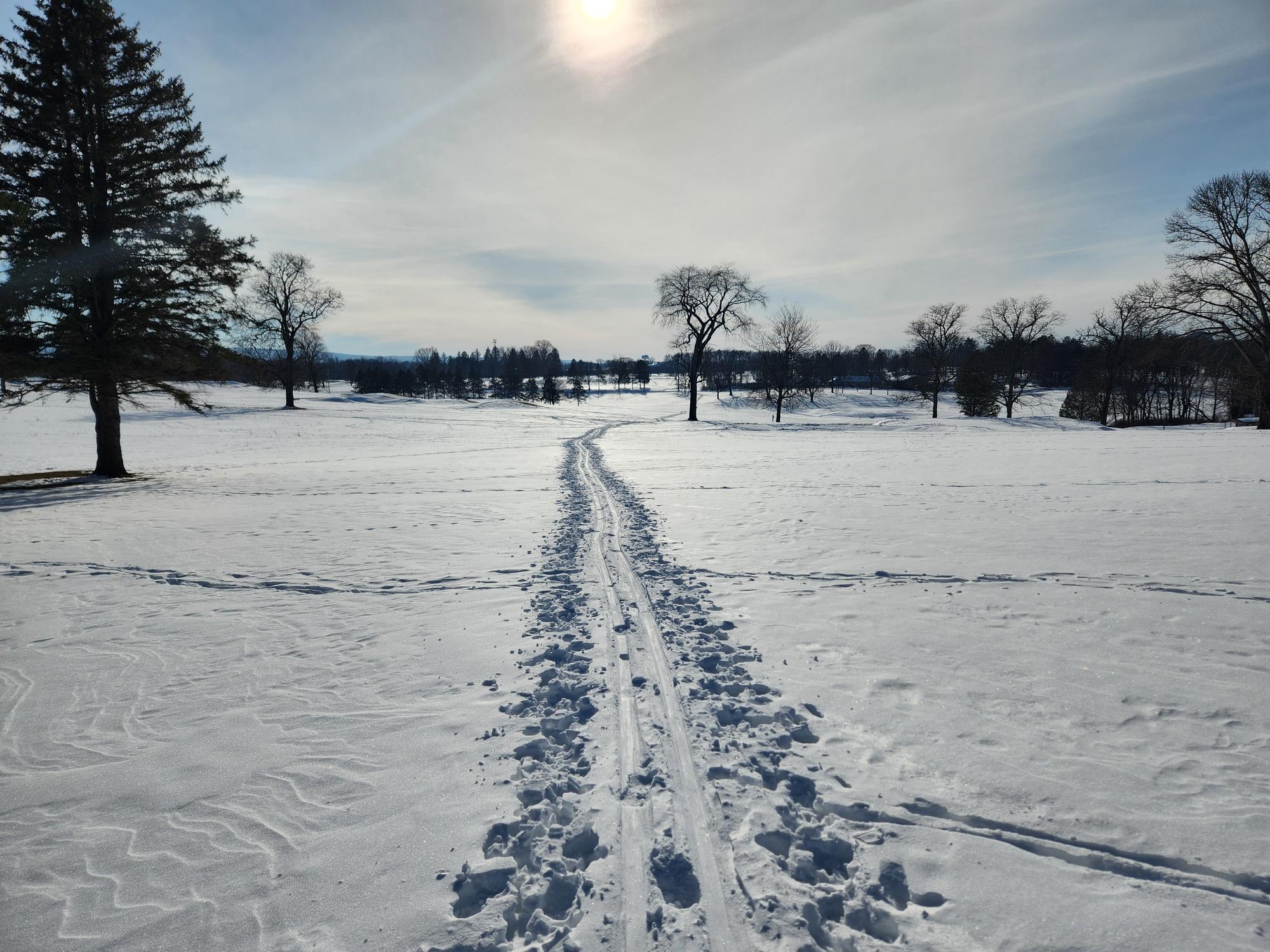 A fresh trail in the snow leads to a hazy sun