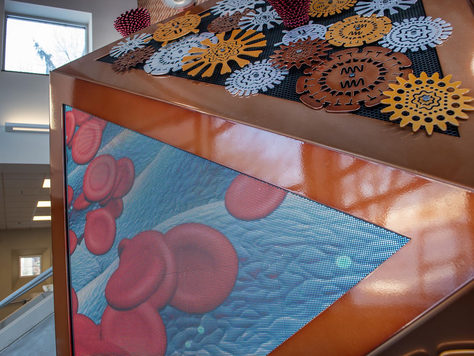 Close up of LED screens and sculpture elements in the BioMachine at Penn State Harrisburg