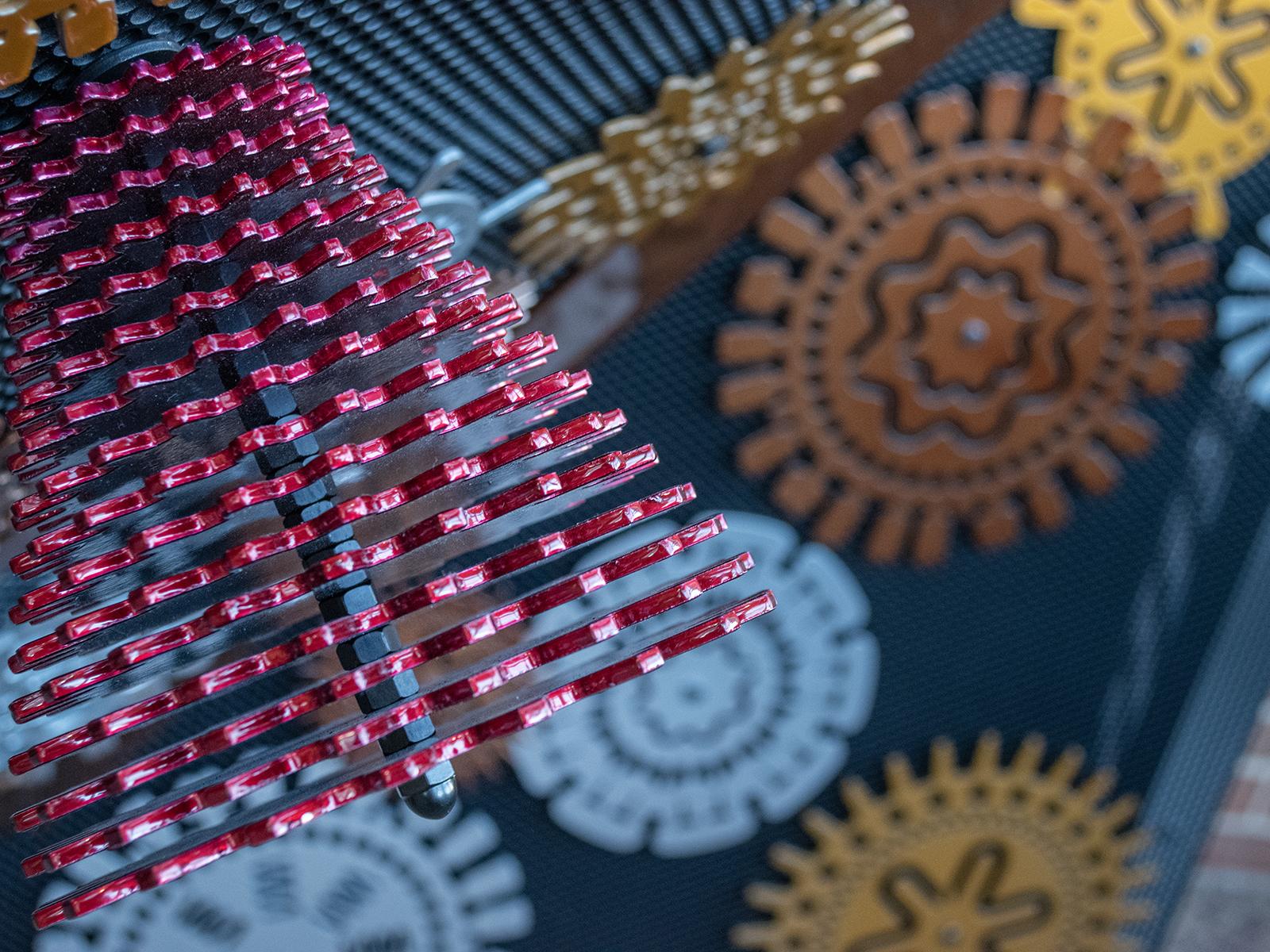 Closeup elements of BioMachine, an aluminum sculpture that aims to connect science and art