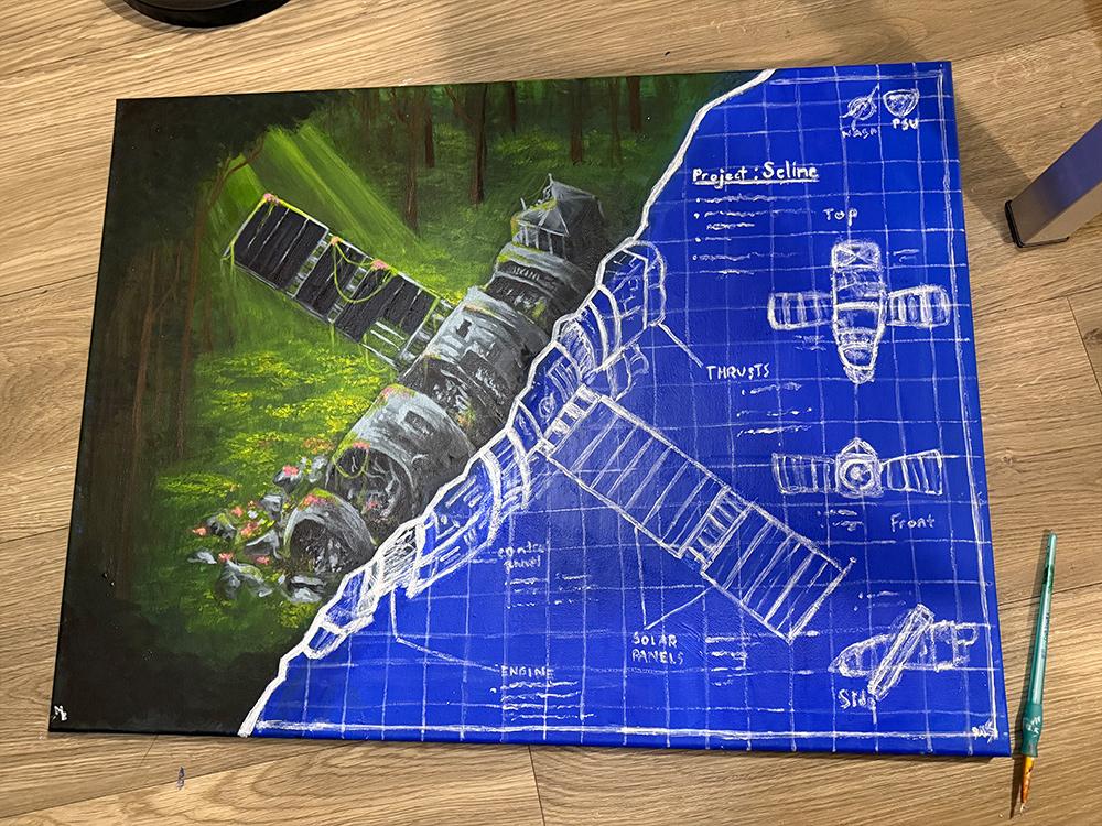 A painting of a satellite, where on the left side of the painting the satellite is withered on a forest floor, and on the right side it is a drafted blueprint. 
