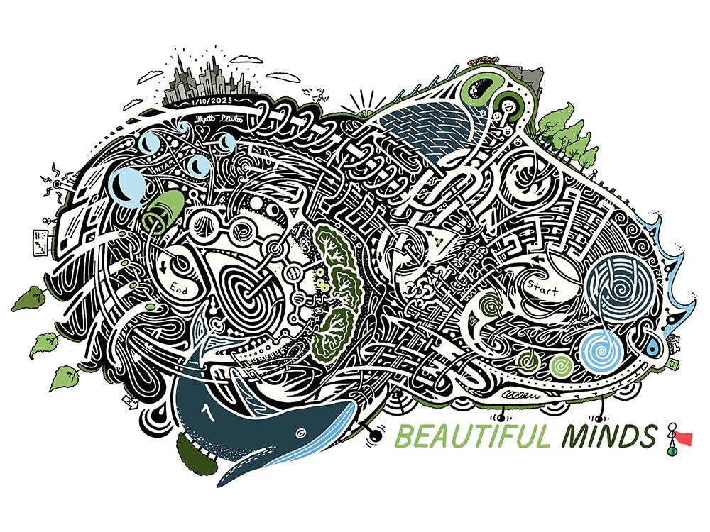 A photo of Wyatt Petula’s artwork, which is a primarily black-and-white, intricate maze featuring a series of images which include a whale, various greenery, a city skyline, solar panels, water and more. 