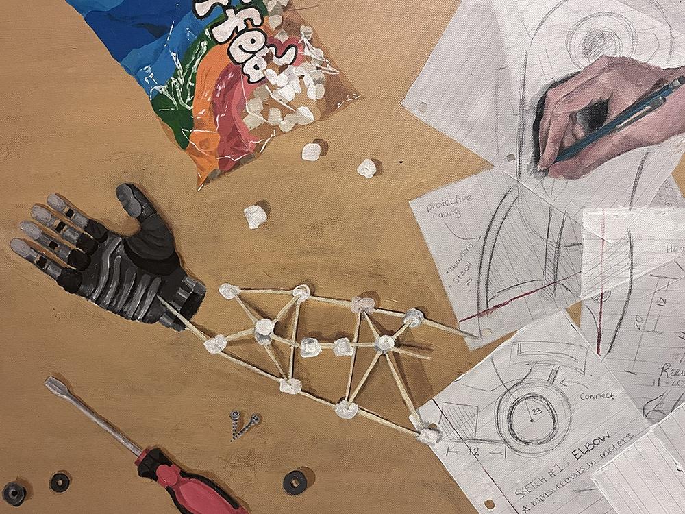 A photo of Reese Gettes’ painting, which features a hand drawing across a series of pieces of paper on a table, which also has a screwdriver, an open bag of marshmallows and a robotic-like hand all laying on the table.  
