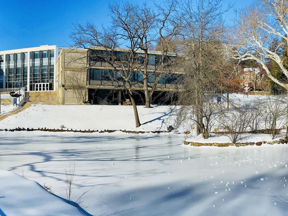 A wide shot of Penn State's Abington campus after a snowstorm