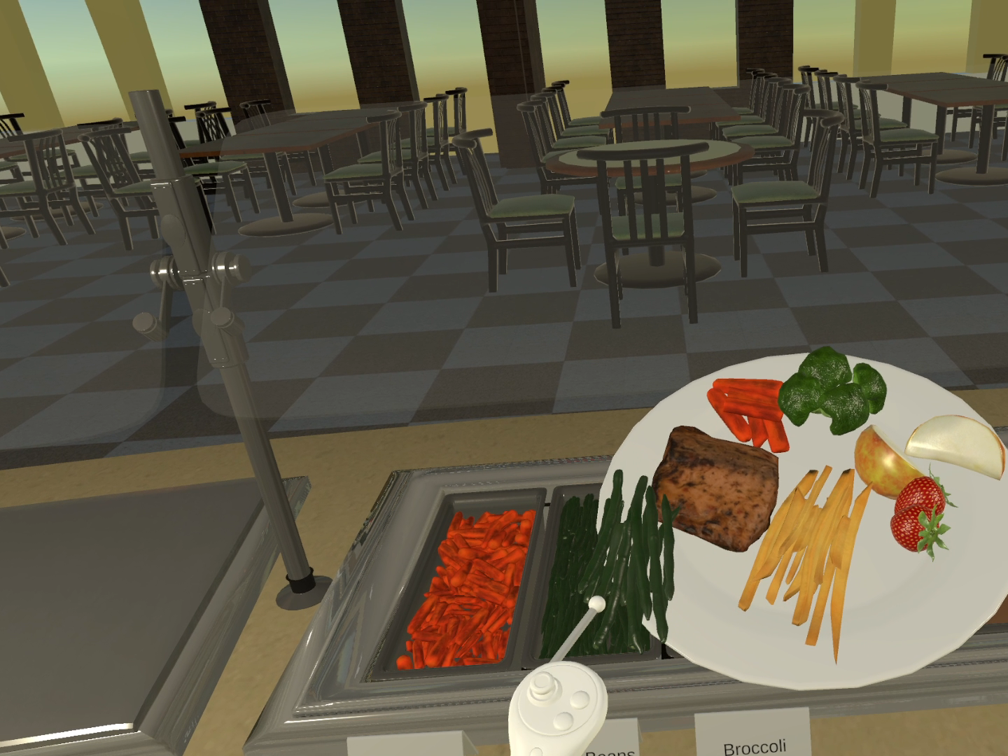a screenshot from the VR buffet shows a plate with apples, broccoli and other foods on it above a buffet
