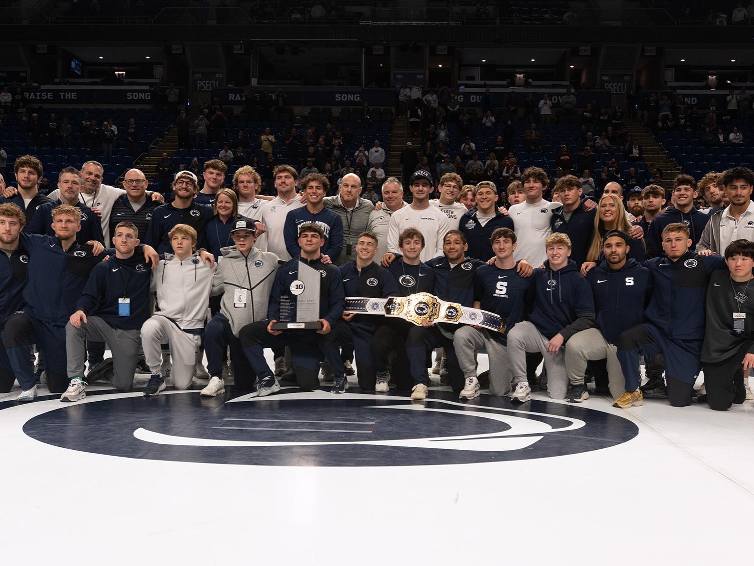 Wrestlers pose for 2026 Big Ten tournament championship