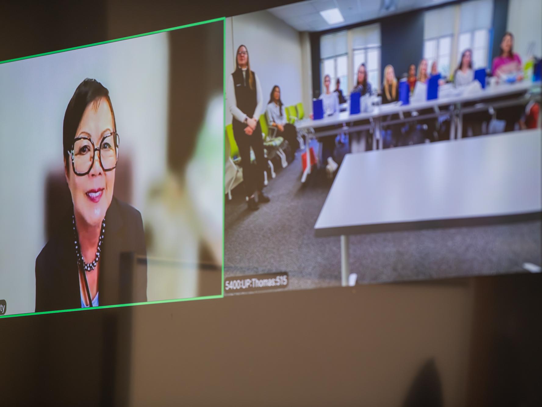 Vivian Valenty speaking with students via Zoom about her company Dazzle Dry and its new collaboration with Penn State. 